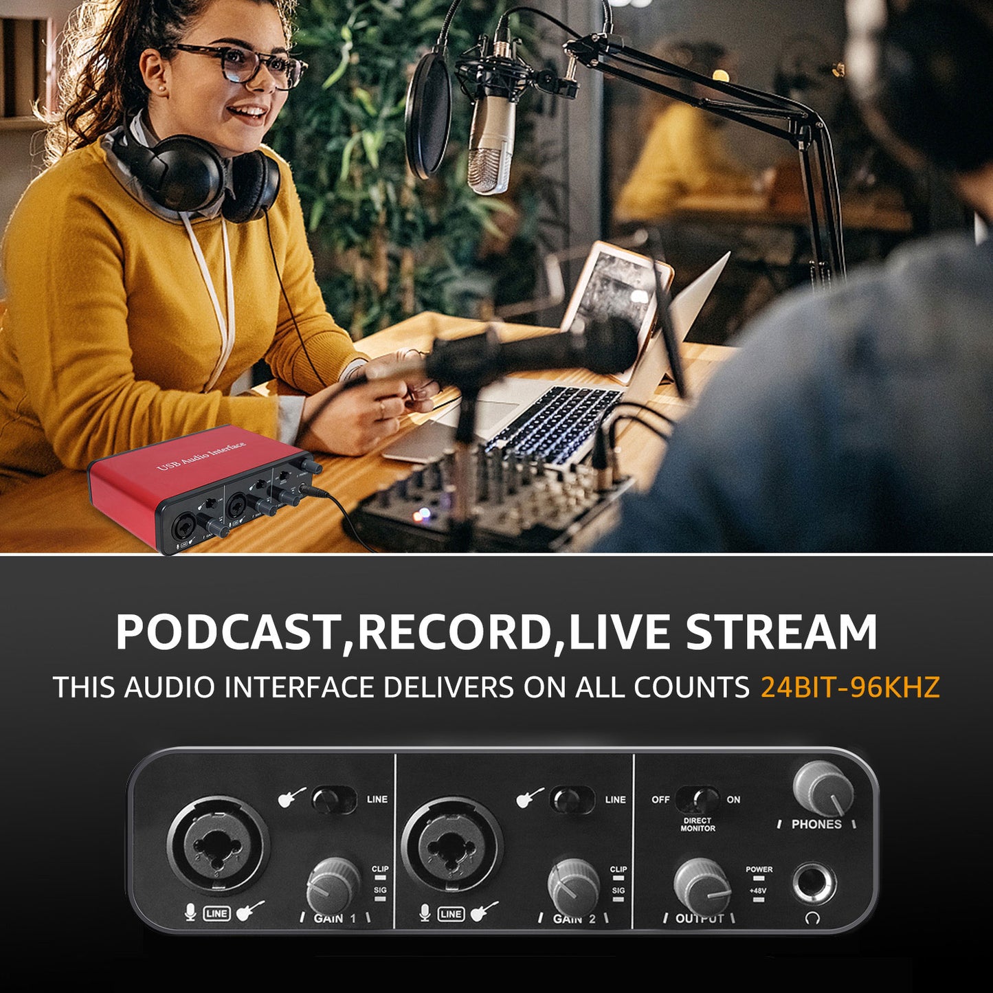 2i2 USB Audio Interface for Recording Podcasting,Streaming,Recording, Songwriting, Streaming and Podcasting,Plug and Play,Noise-Free,XLR Audio Interface (Red and Black)