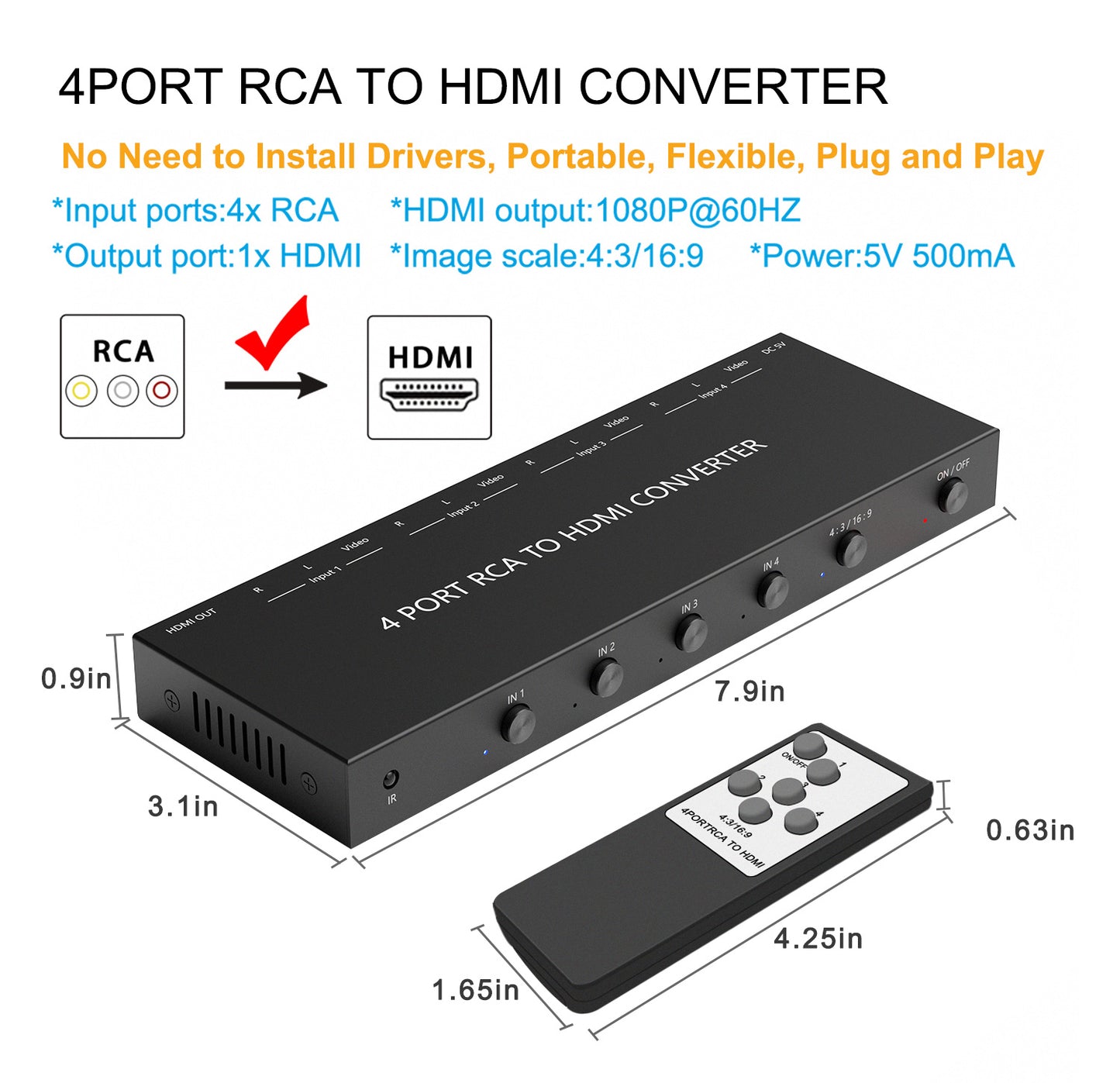 Dacimora 4 RCA to HDMI, Dual RCAto HDMI Adapter Converter,Support 740P/1080P(30HZ/60HZ) Compatible with WII, N64, PS1, PS4, PS3, VHS, VCR DVD Players
