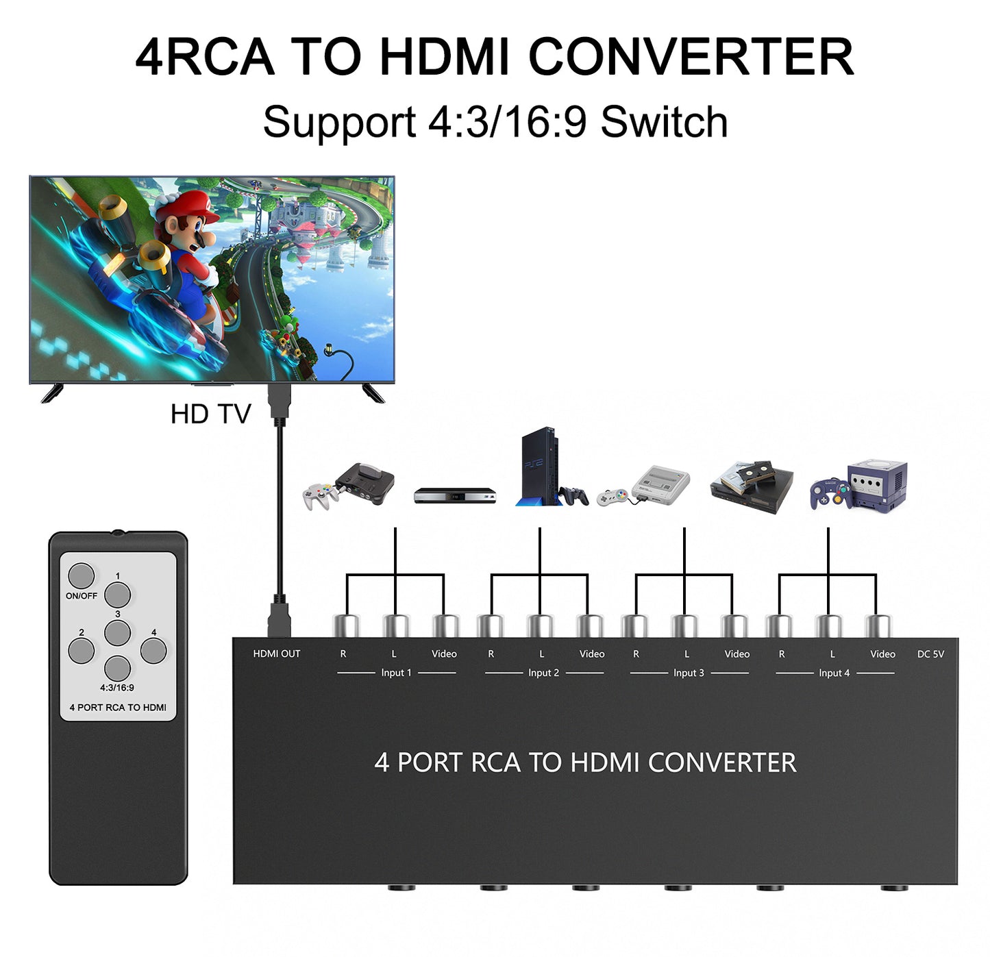 Dacimora 4 RCA to HDMI, Dual RCAto HDMI Adapter Converter,Support 740P/1080P(30HZ/60HZ) Compatible with WII, N64, PS1, PS4, PS3, VHS, VCR DVD Players