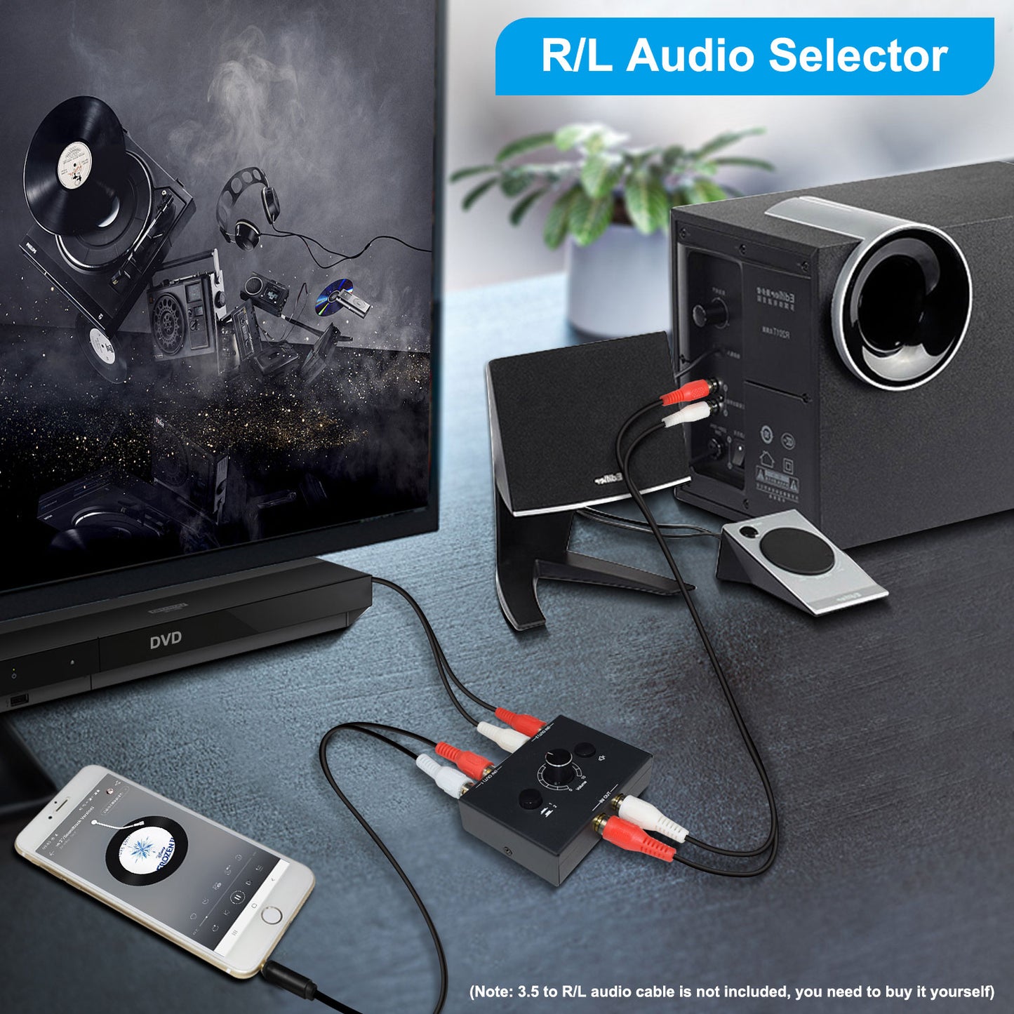 Audio Switch Audio Stereo Switcher Passive Speaker Headphone Manual Selector Splitter Box with Mute Button and No External Power Required (RCA)