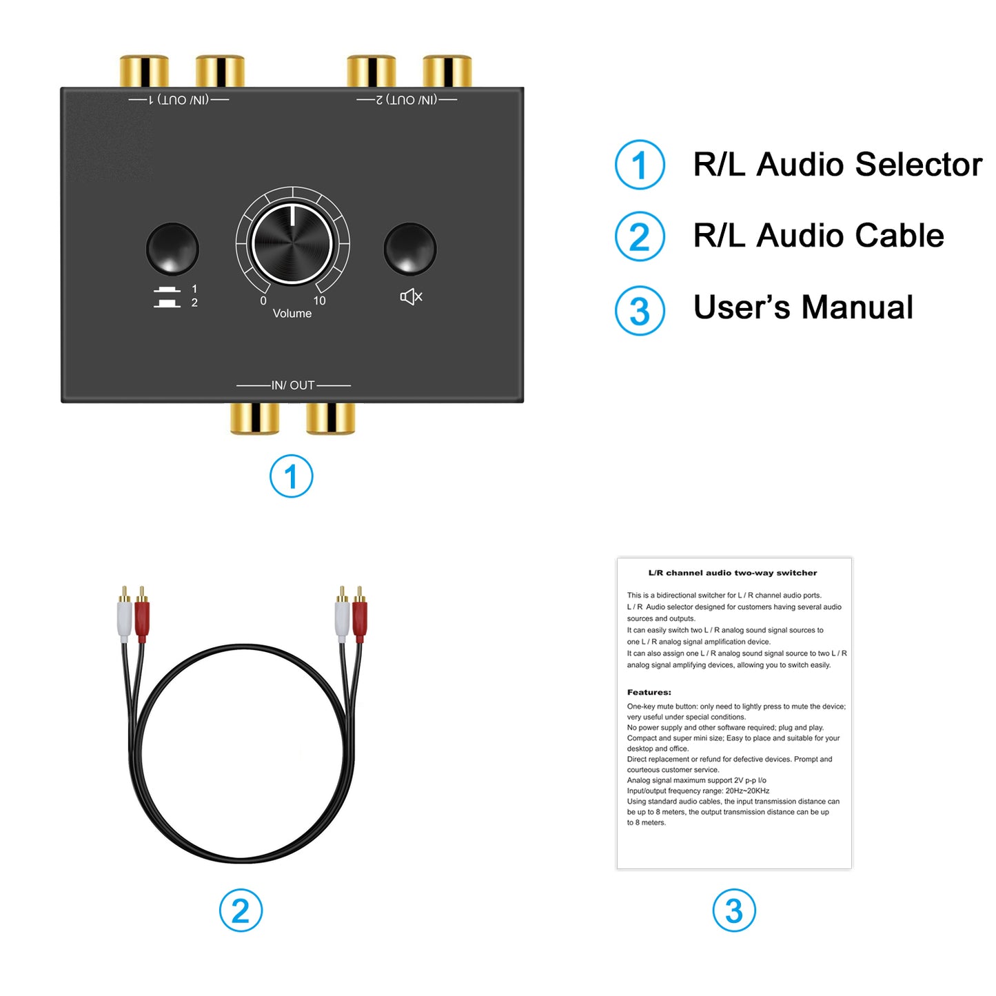 Audio Switch Audio Stereo Switcher Passive Speaker Headphone Manual Selector Splitter Box with Mute Button and No External Power Required (RCA)