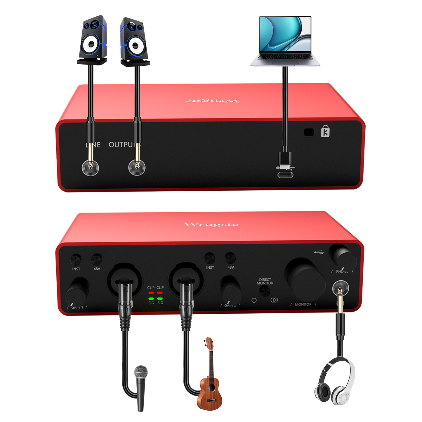 2i2 USB Audio Interface for Recording Podcasting,Streaming,Recording, Songwriting, Streaming and Podcasting,Plug and Play,Noise-Free,XLR Audio Interface (Red)