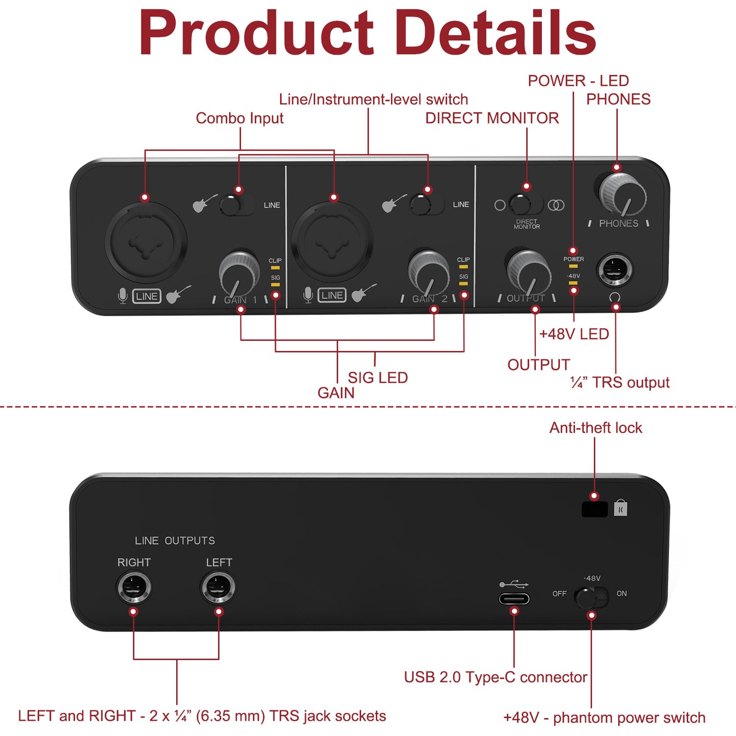 2i2 USB Audio Interface for Recording Podcasting,Streaming,Recording, Songwriting, Streaming and Podcasting,Plug and Play,Noise-Free,XLR Audio Interface (Red and Black)